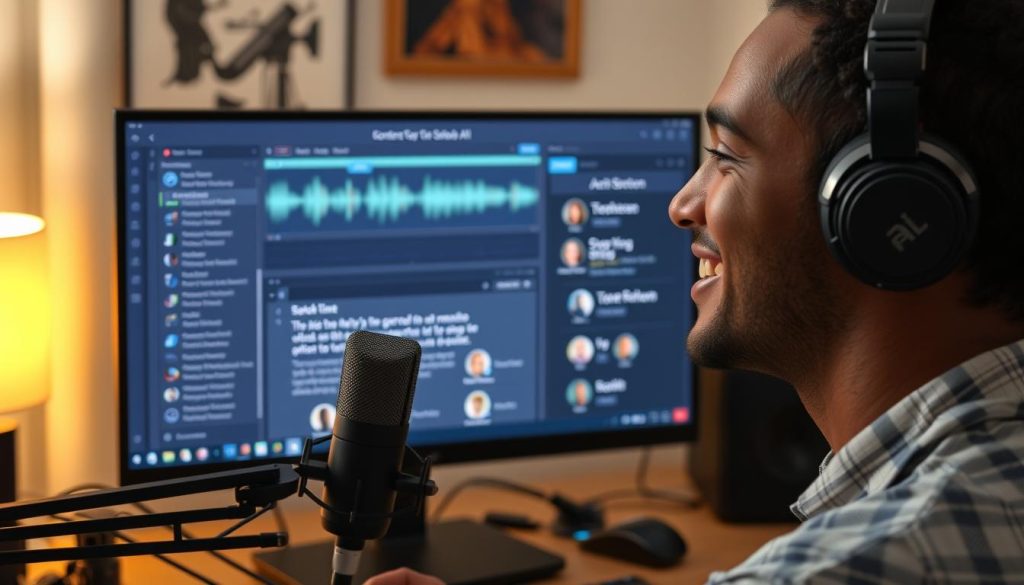 Content creator using AI voice tools to generate narration for a video Content creator using AI voice tools to generate narration for a video