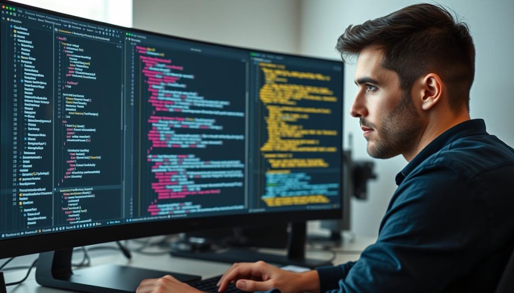 Developer using AI code assistant to write and debug code efficiently Developer using AI code assistant to write and debug code efficiently