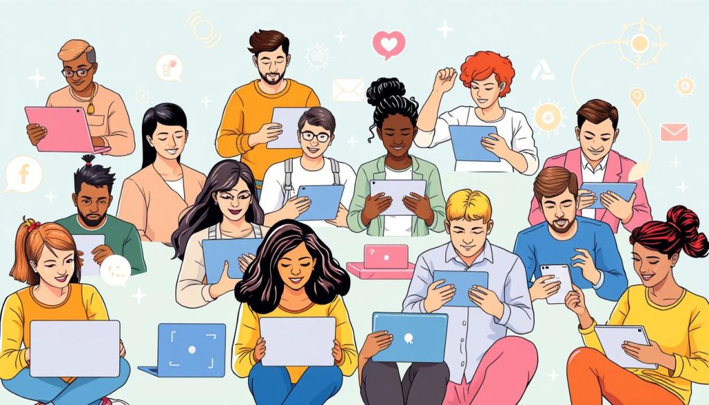 Diverse group of people using free AI tools on various devices, representing the democratization of AI technology Diverse group of people using free AI tools on various devices, representing the democratization of AI technology