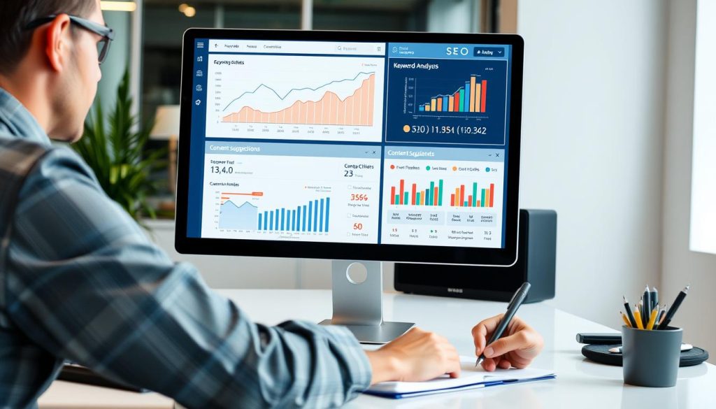 Marketer using AI SEO tools to analyze website performance and keywords Marketer using AI SEO tools to analyze website performance and keywords