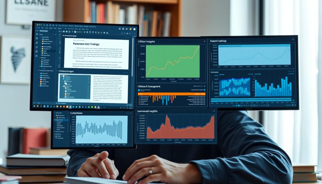 Researcher using AI tools to analyze and visualize complex data sets Researcher using AI tools to analyze and visualize complex data sets