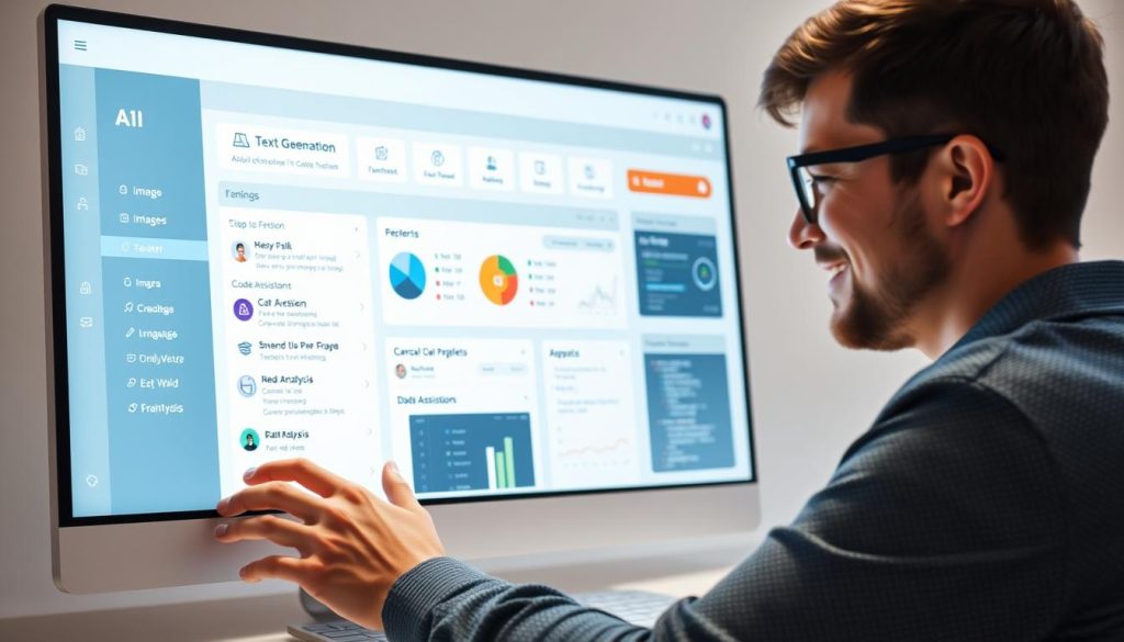 User accessing multiple AI tools through a single all-in-one platform interface User accessing multiple AI tools through a single all-in-one platform interface